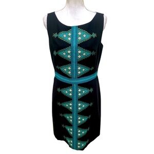 Beth Bowley black sleeveless turquoise embroidered sheath dress lined size 10